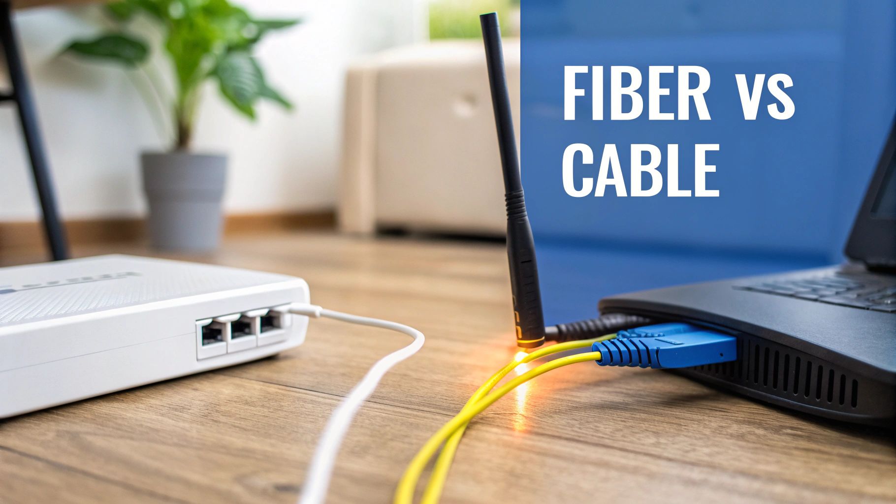 A modem and laptop connected by glowing yellow and blue cables, illustrating internet connection types.