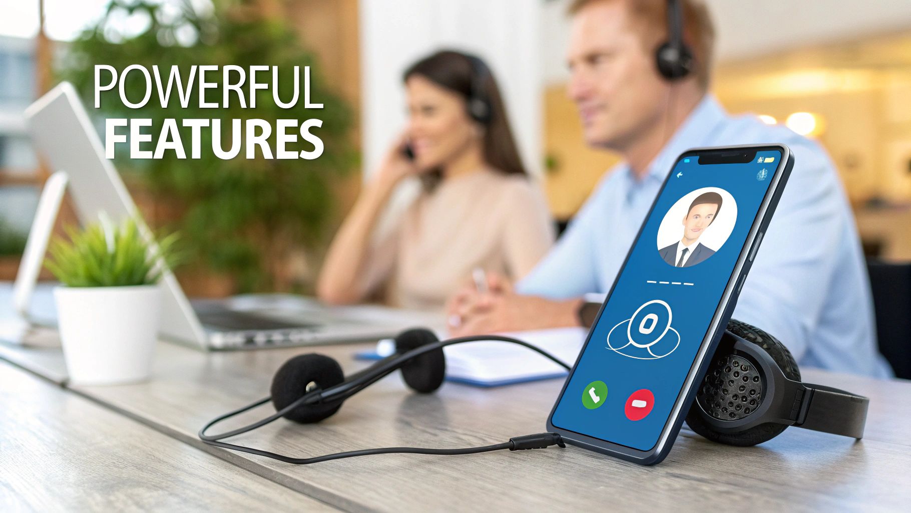 A woman working at her desk with a headset on, using a low-cost VoIP phone system for business communication.