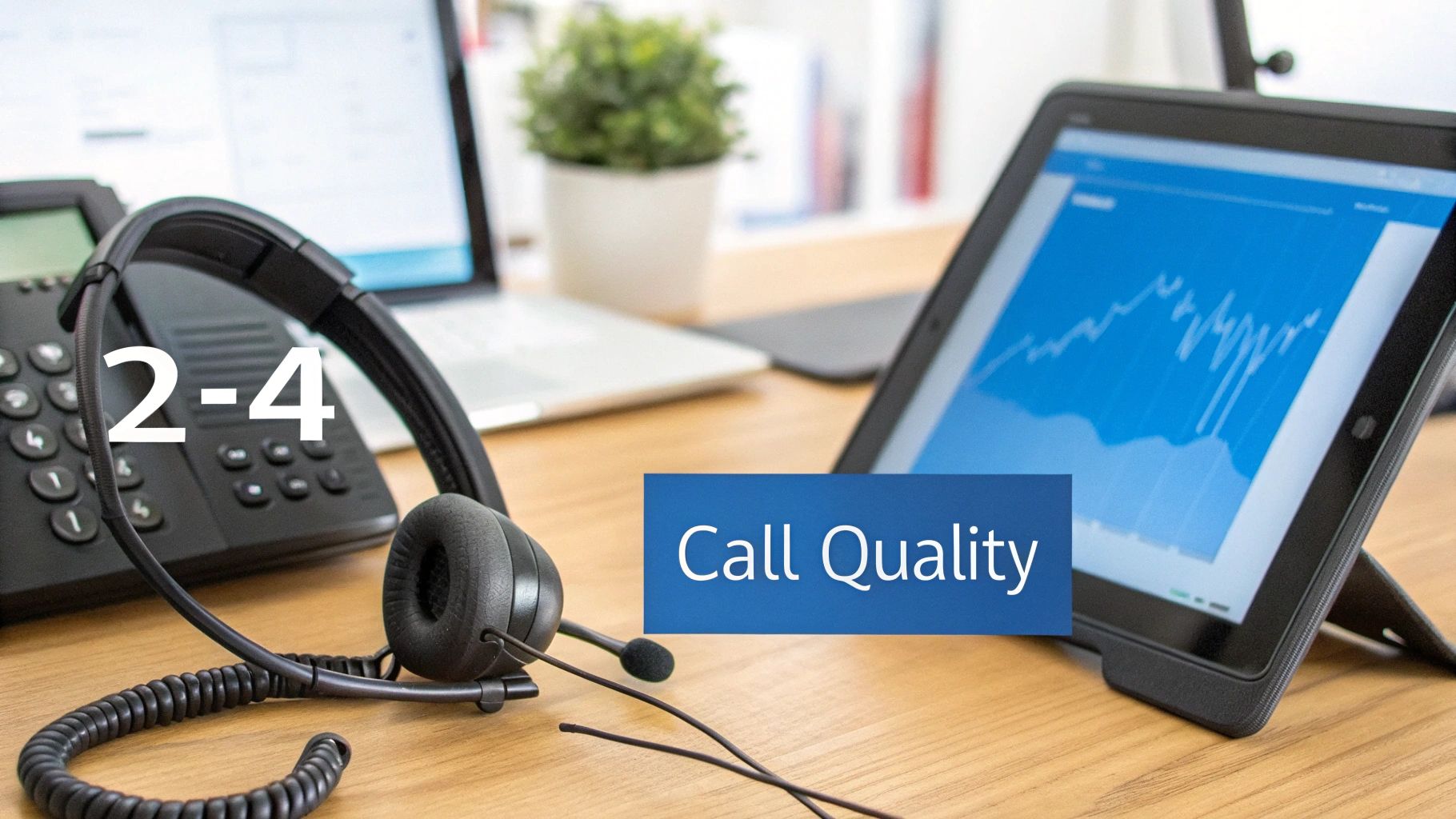 A modern office desk with a headset, desk phone, and a tablet showing a data graph, highlighting 'Call Quality'.