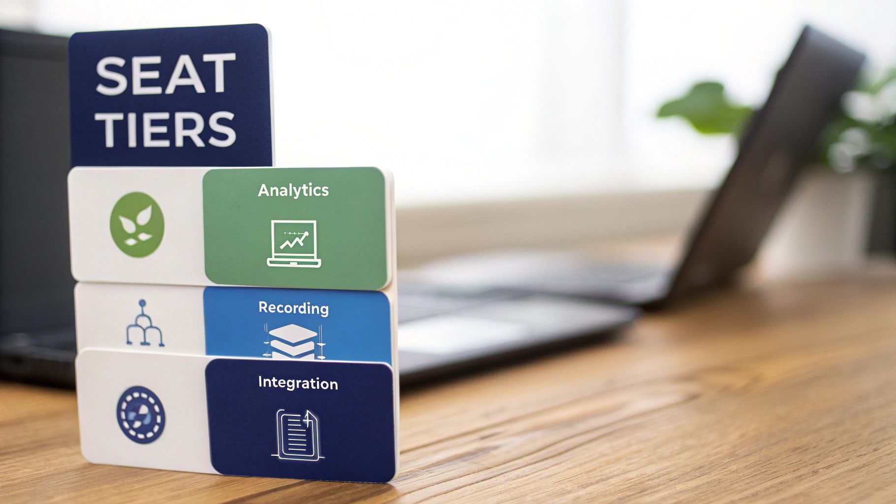 A stack of white and colored cards detailing 'SEAT TIERS' with analytics, recording, and integration features.