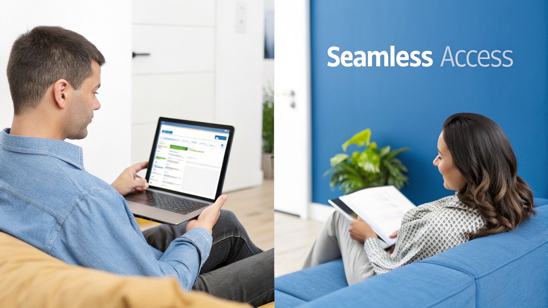 A man on a couch uses a laptop, while a woman reads on a blue couch with 'Seamless Access' text.