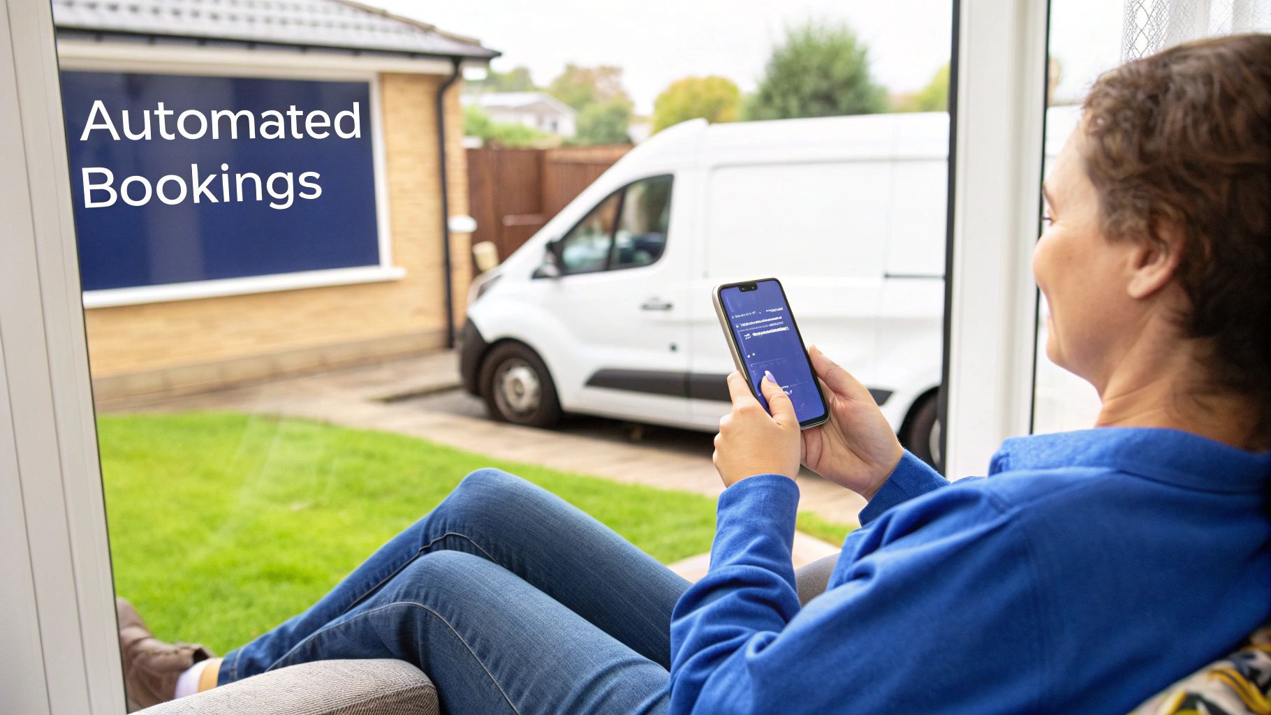 A person uses a smartphone for automated bookings, relaxing while a white delivery van is outside.