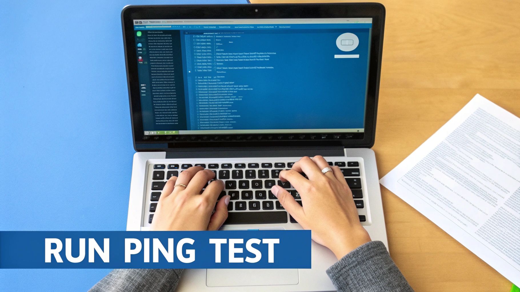 Hands typing on a laptop keyboard, screen showing code, with a 'RUN PING TEST' banner.