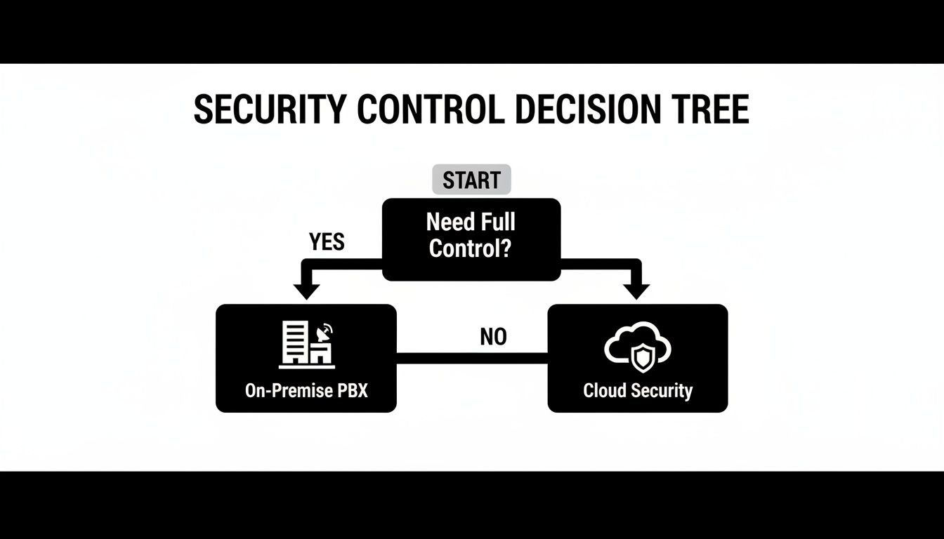 Flowchart showing a security control decision tree for choosing between on-premise PBX and cloud security.