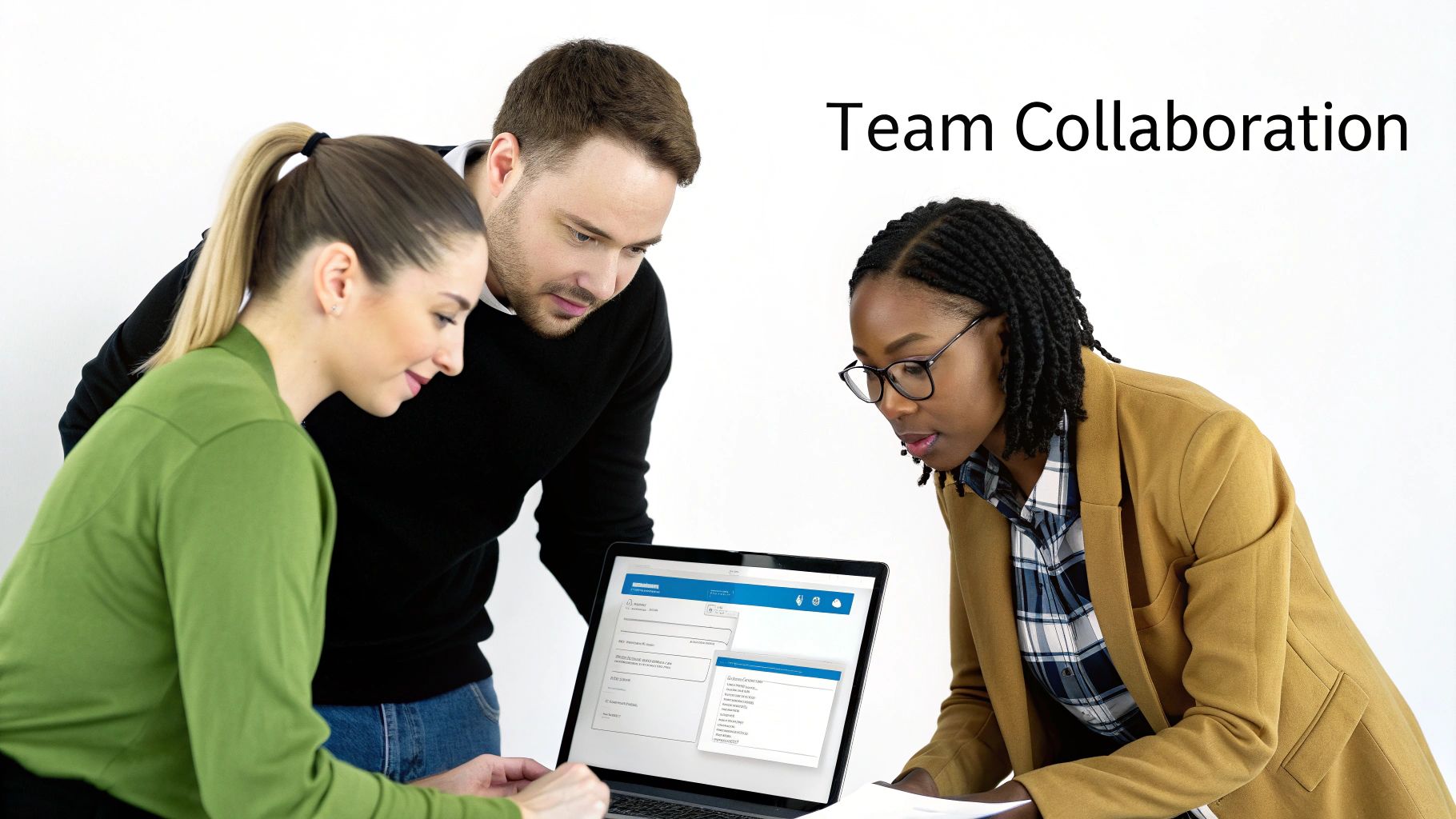 Three diverse colleagues collaborate on a laptop, discussing work and demonstrating team collaboration.