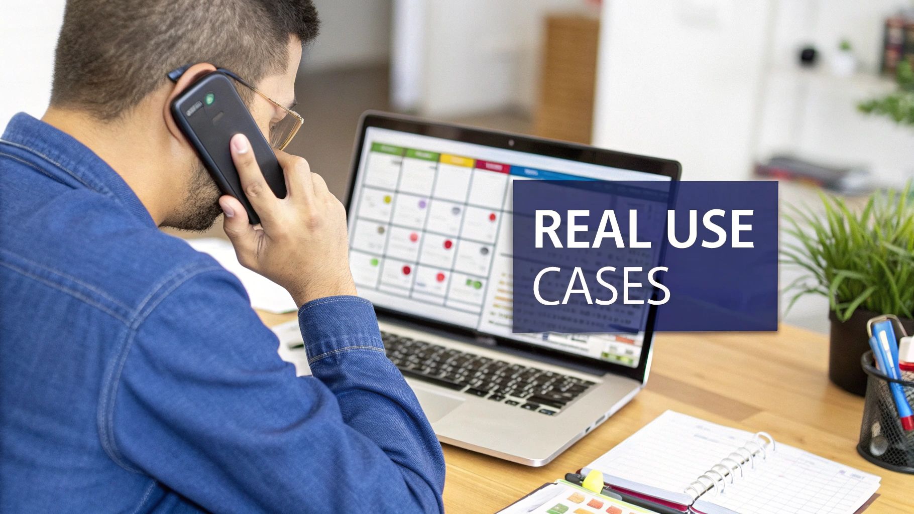 Man on a business call at a desk with a laptop, notebook, and a plant.