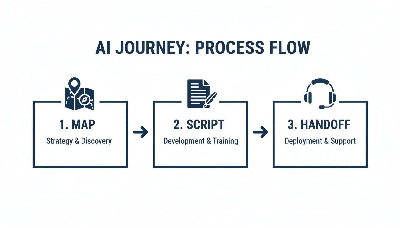 Diagram illustrating the three-step AI journey process flow: Map, Script, and Handoff.