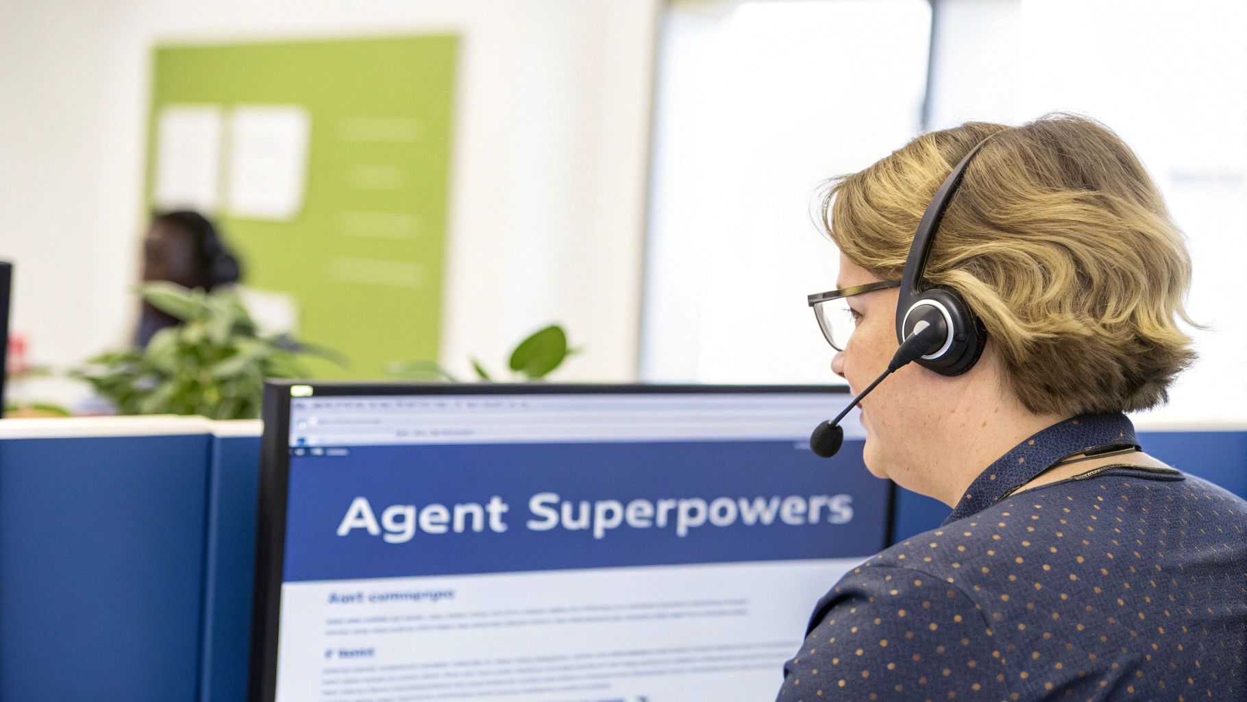 A customer support agent wearing a headset is focused on a computer screen displaying 'Agent Superpowers'.