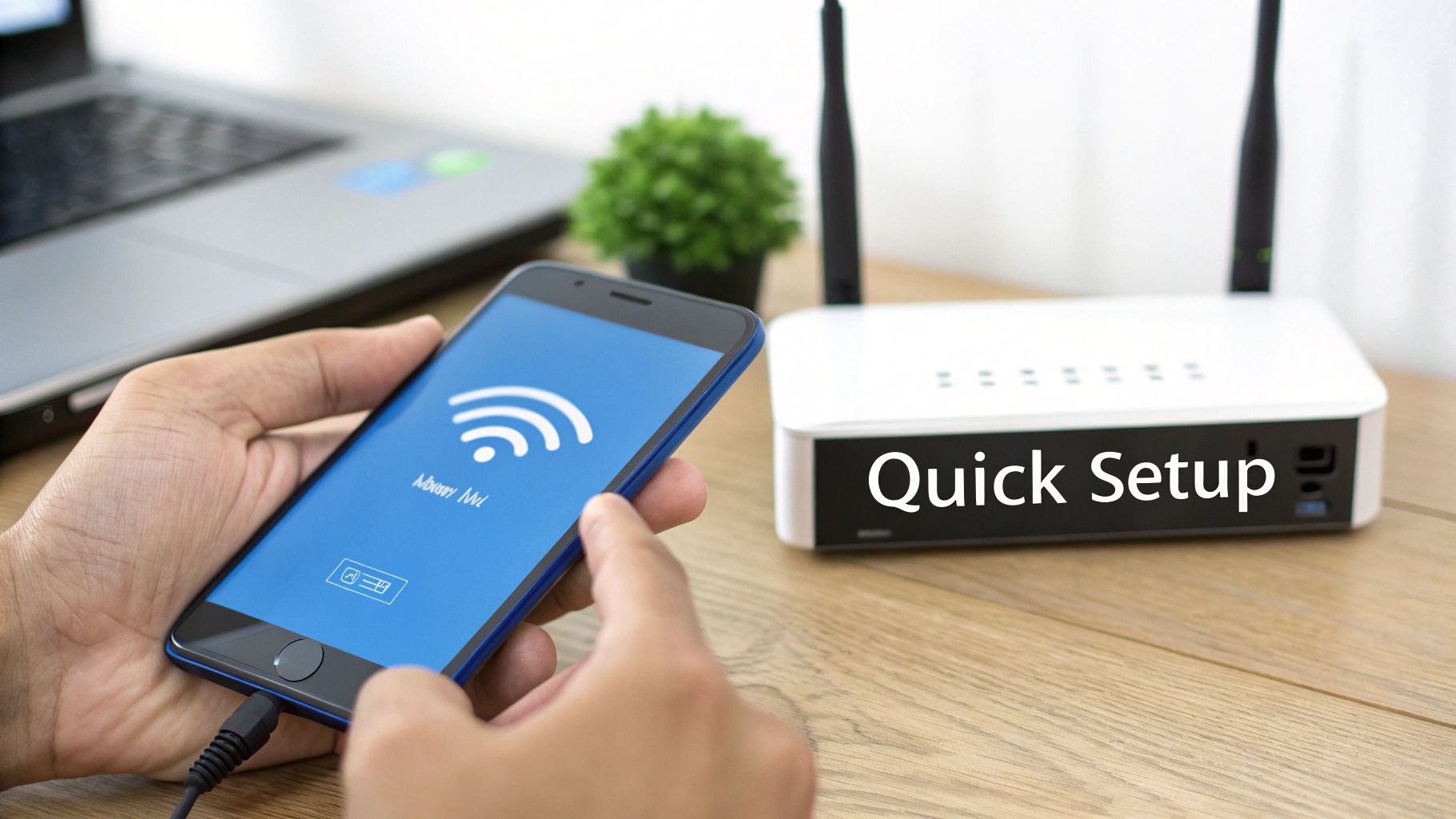 Hands holding a smartphone displaying a Wi-Fi symbol, next to a white router.
