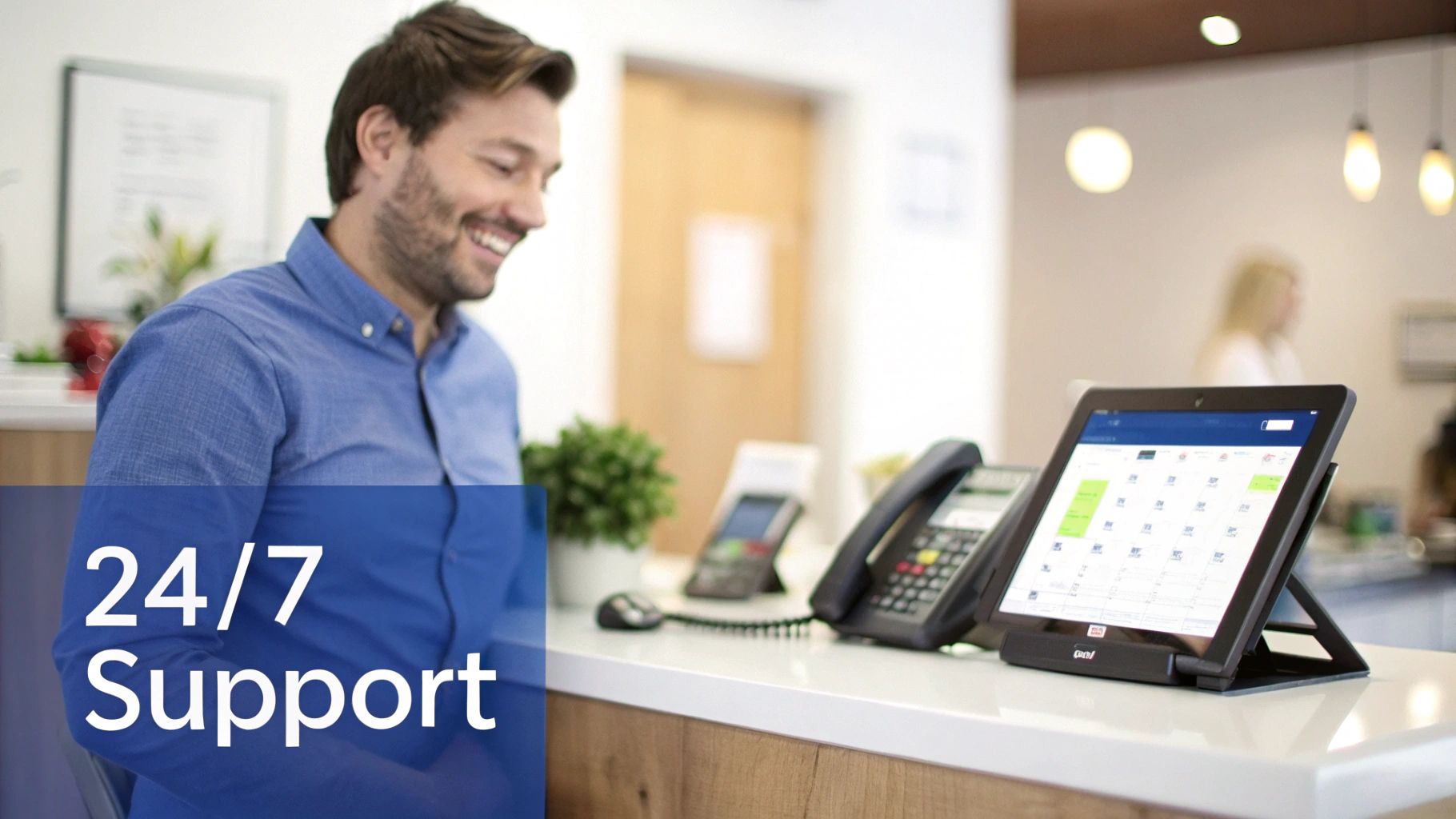 A smiling man at a reception desk with a phone and a tablet displaying a calendar.