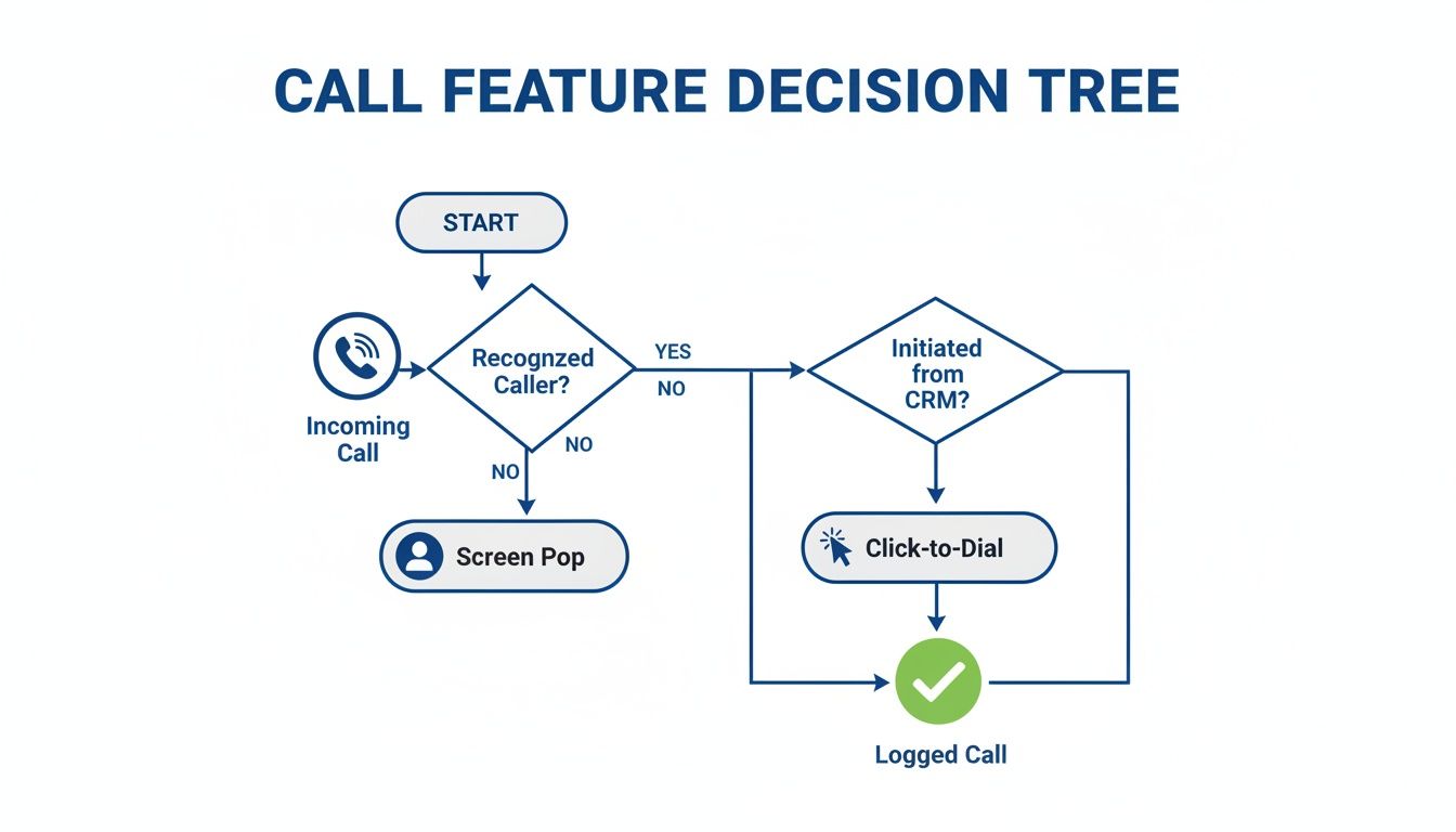 Flowchart detailing a call feature decision tree, showing steps from incoming call to logging.
