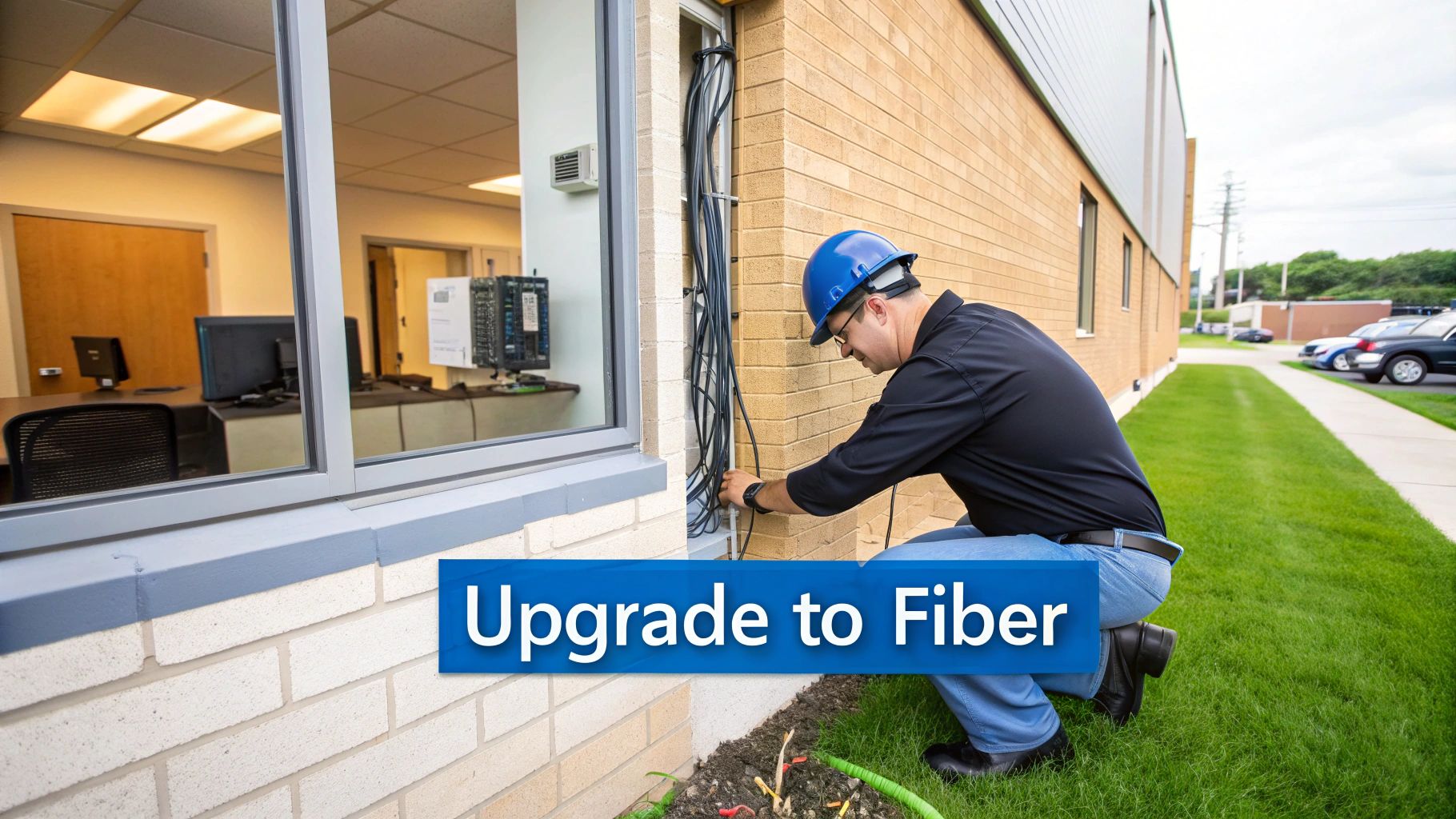 Technician installing fiber optic cables on a brick building, upgrading its network infrastructure.