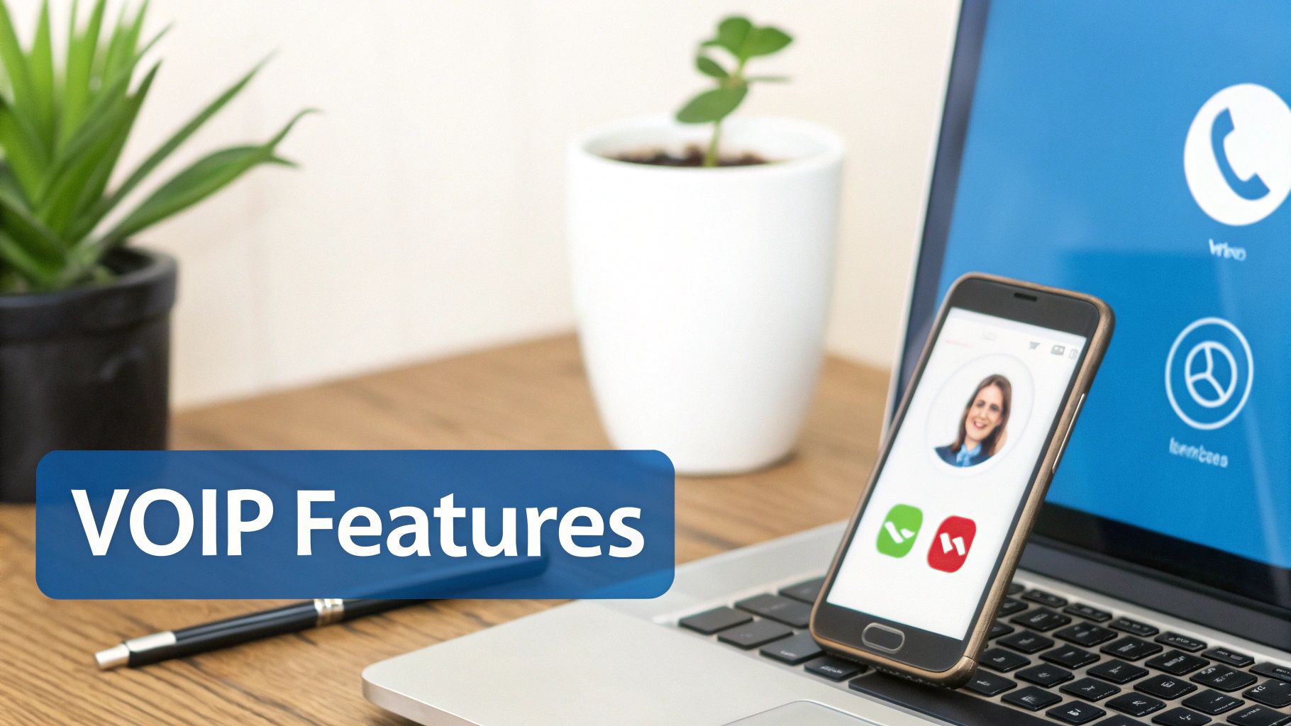 A smartphone and laptop display VoIP video call features on a wooden desk with plants.