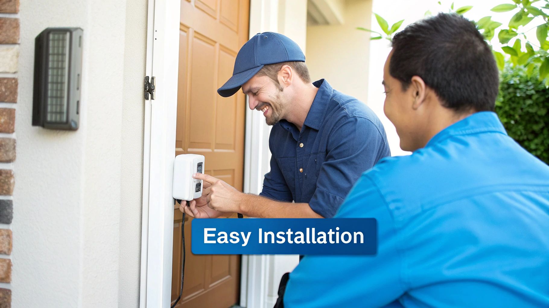 A smiling technician installs a white smart device on a house wall, demonstrating easy setup.