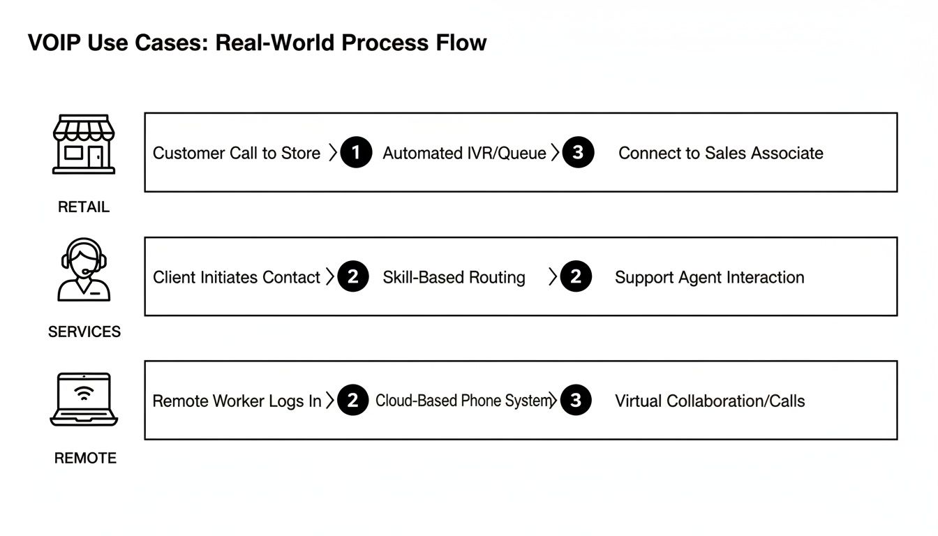 Diagram illustrating real-world VOIP use cases for retail, services, and remote work, detailing process flows.