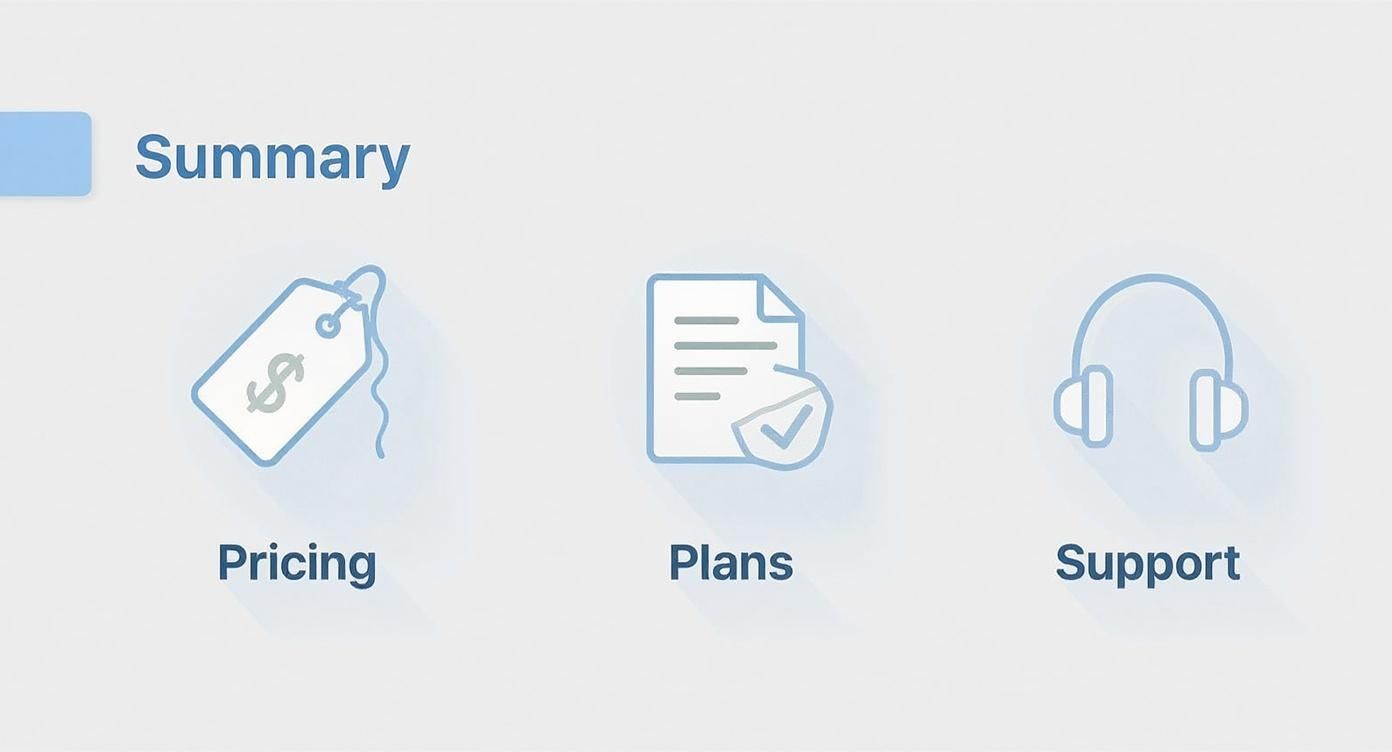 A summary page displaying icons and labels for Pricing, Plans, and Support.