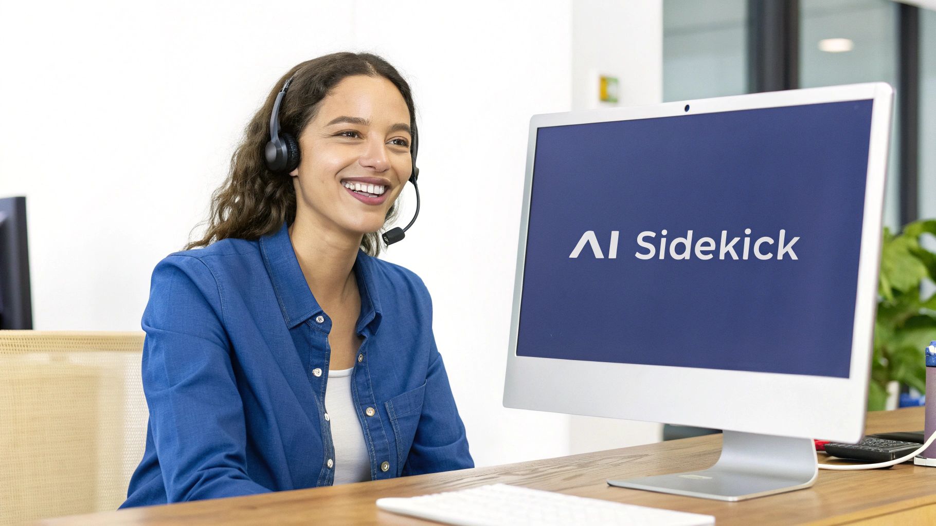 Smiling woman wearing a headset works at a computer displaying 'AI Sidekick' in an office.