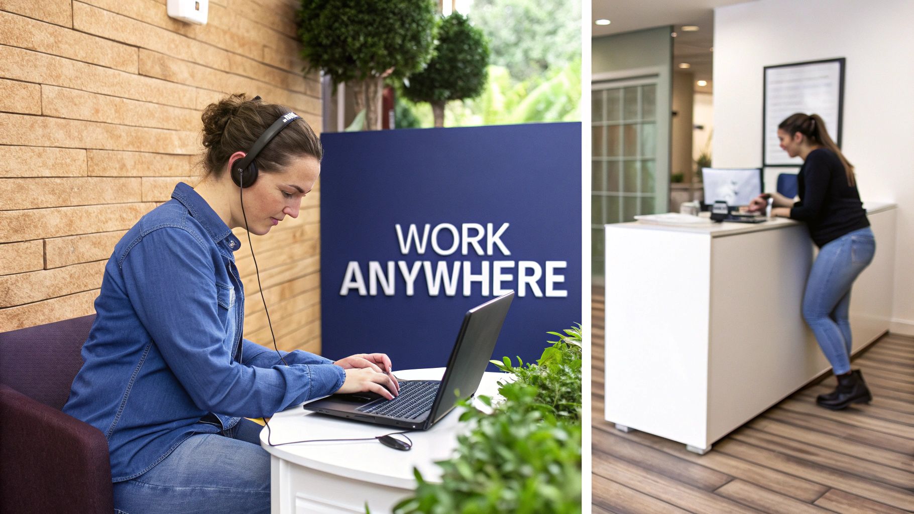 Two women demonstrating flexible work environments, one with a laptop, the other at a reception desk.