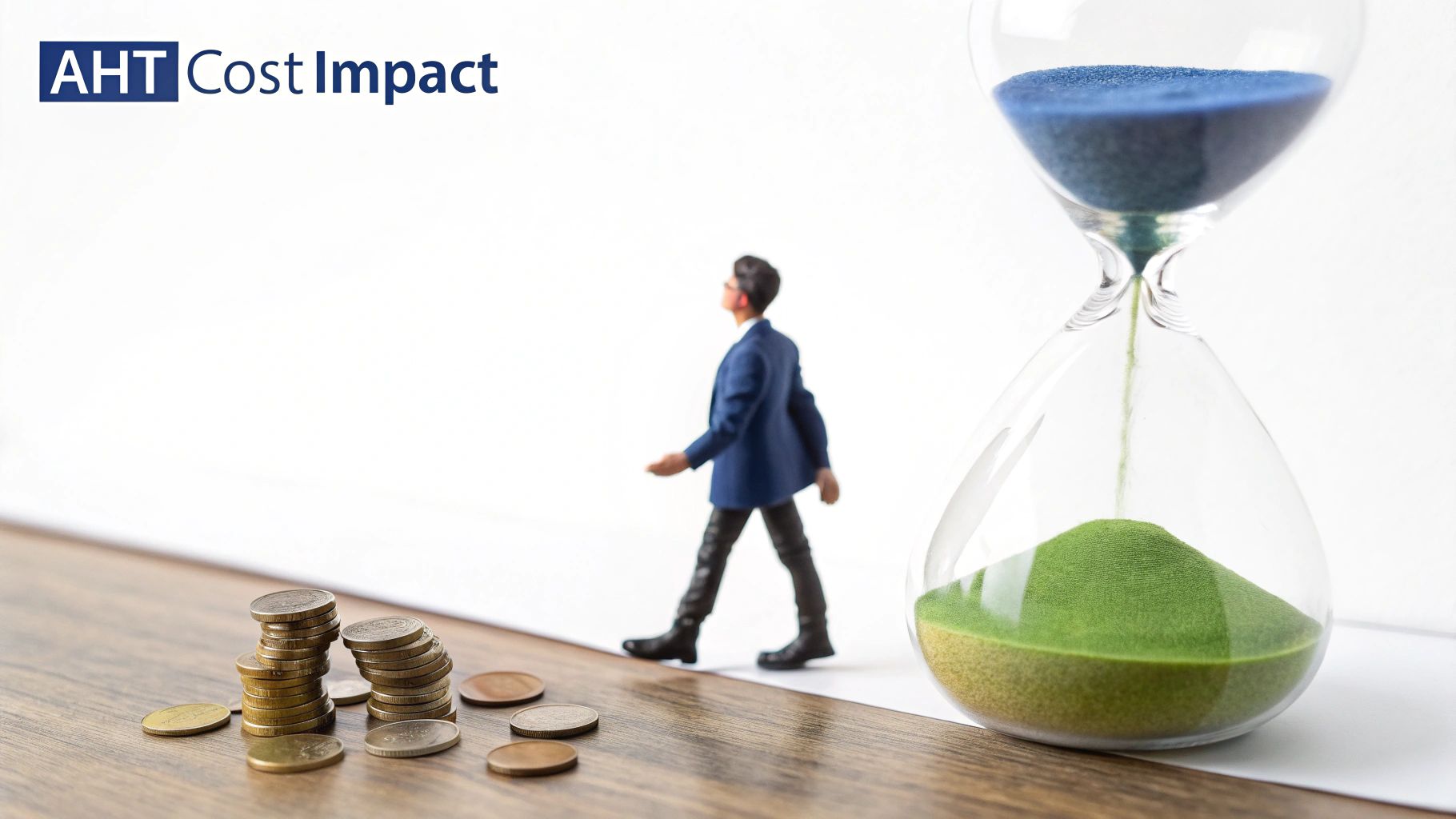 A miniature businessman walks past an hourglass and stacks of coins, symbolizing time and cost management.