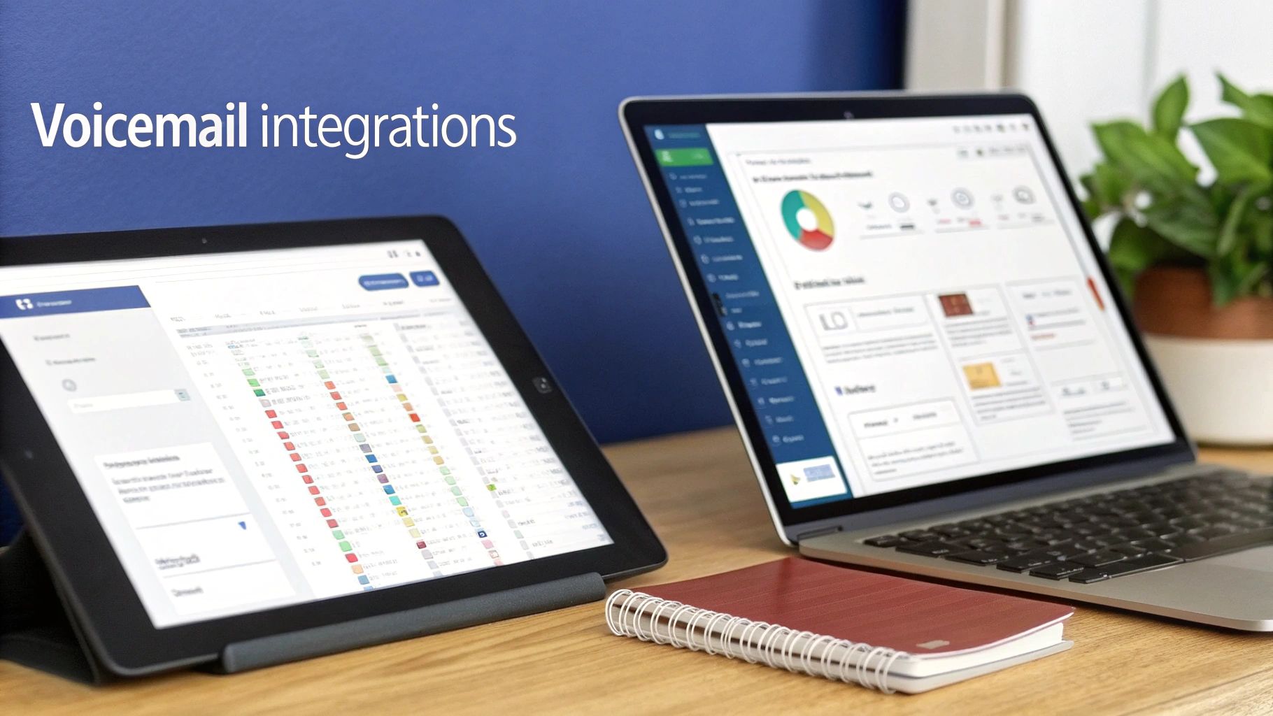 A tablet and laptop display business applications on a wooden desk, with text 'Voicemail integrations'.