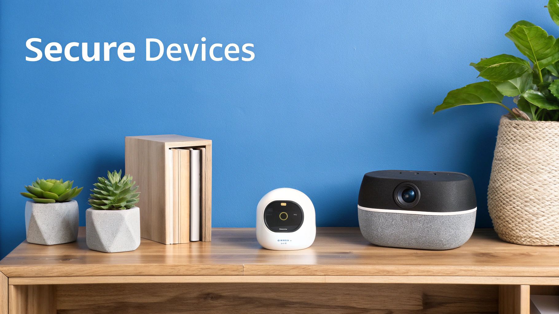 A shelf with secure smart home devices, plants, and books against a blue wall with 'Secure Devices' text.