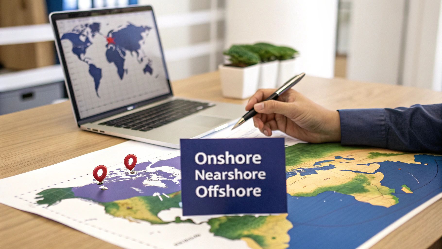 A person planning global outsourcing strategies with a laptop, maps, and 'Onshore, Nearshore, Offshore' sign.
