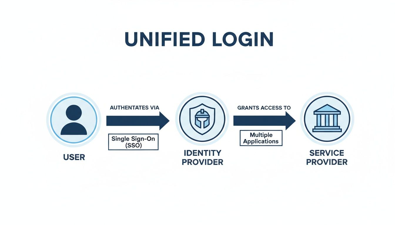 Unified login diagram: User authenticates via SSO with Identity Provider to access multiple applications.