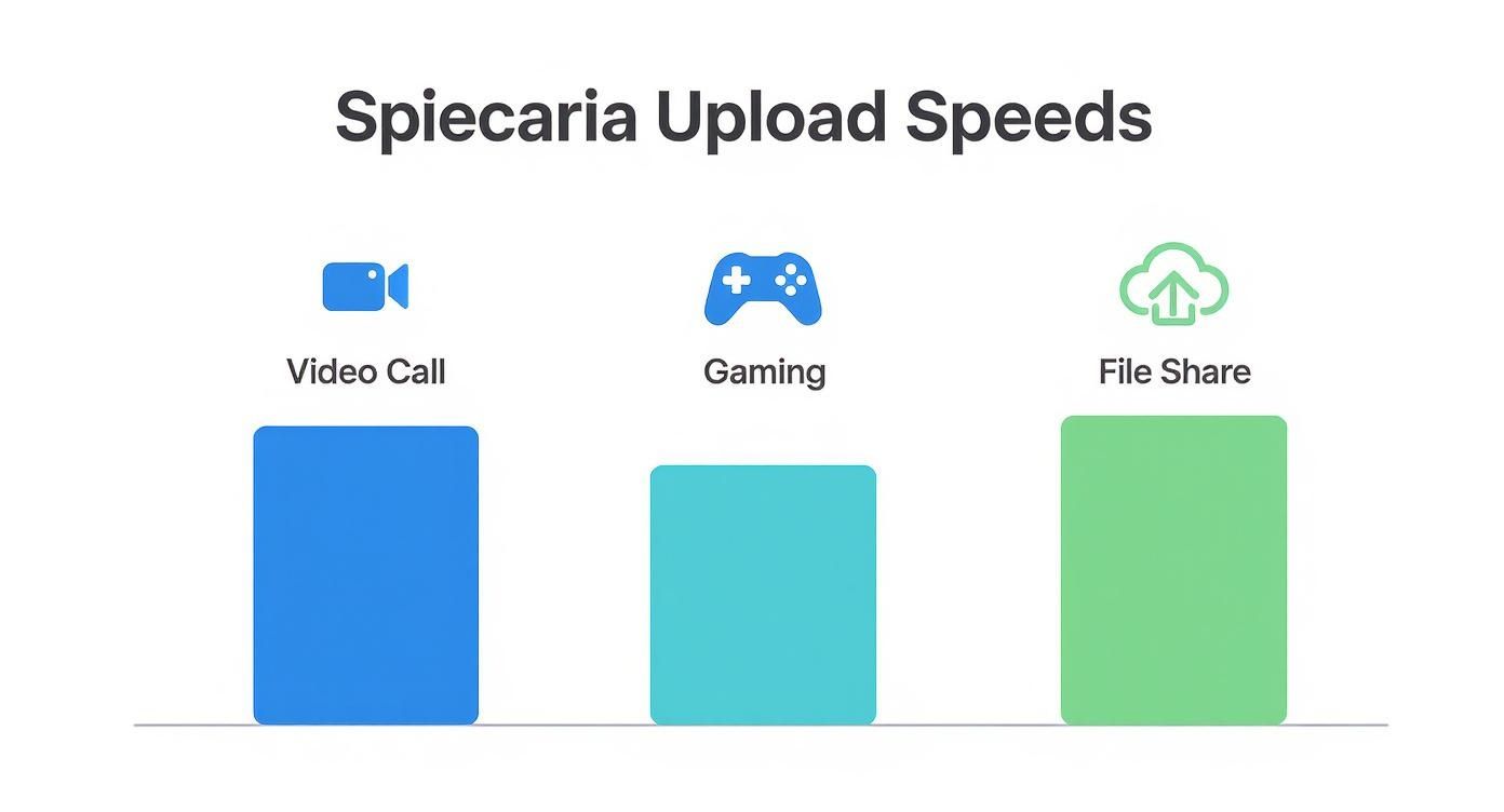 Infographic showing upload speed requirements for video calls, gaming, and file sharing