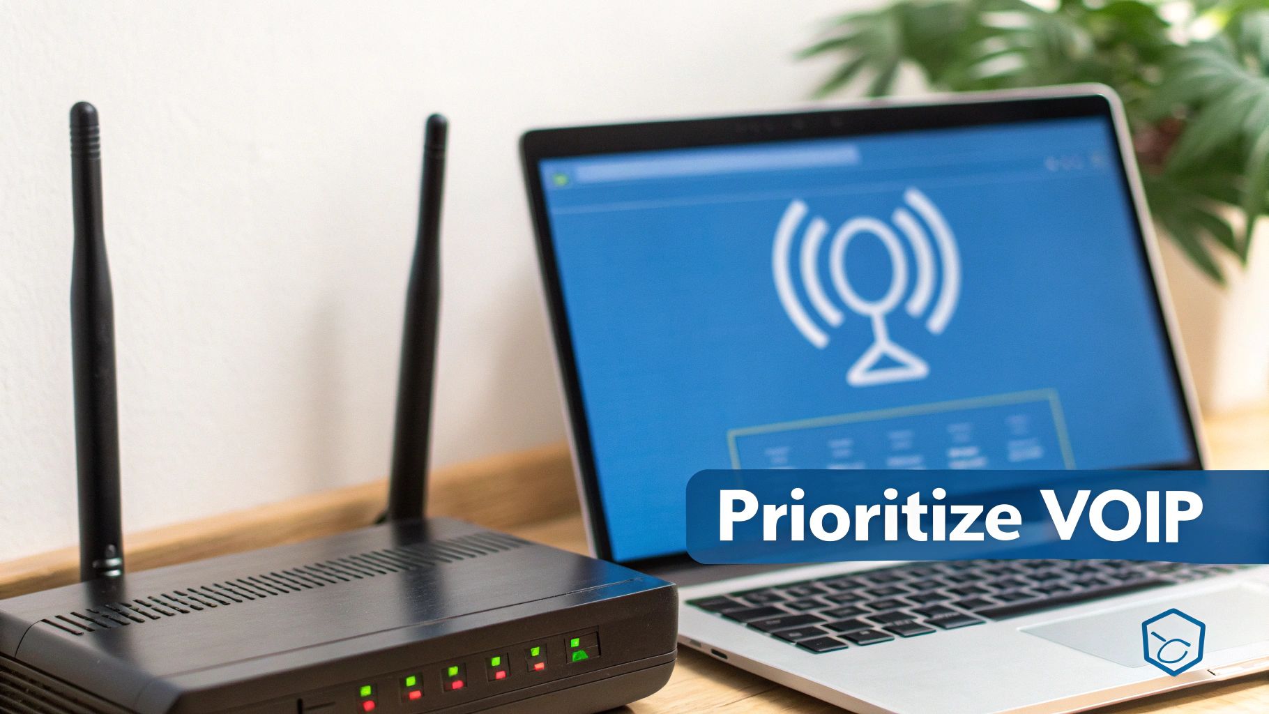 A black Wi-Fi router and a laptop displaying 'Prioritize VOIP' text with a signal icon.