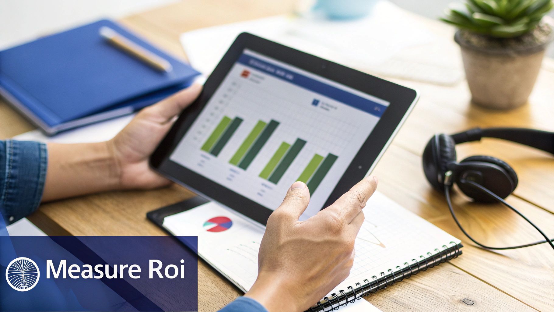 Person's hands holding a tablet displaying a bar chart for data analysis and ROI measurement.