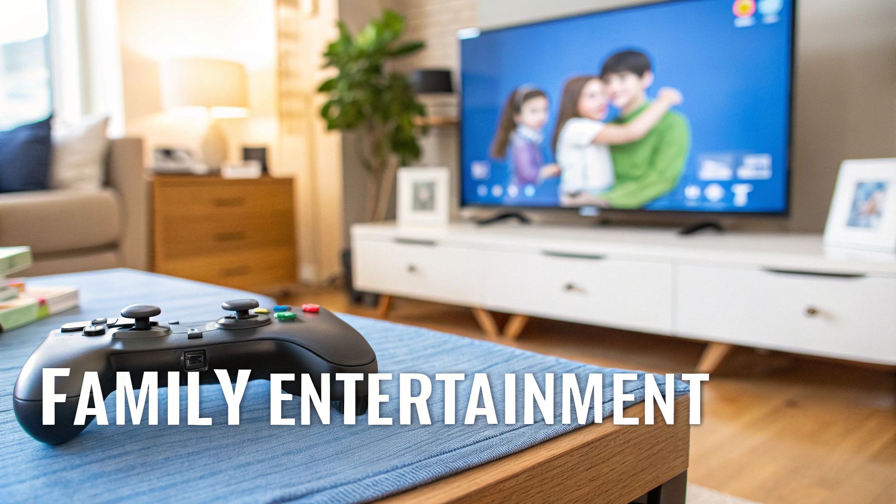 A video game controller on a table in a cozy living room with a TV showing animated content.