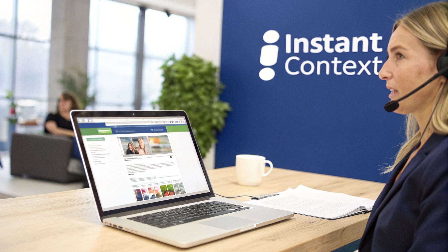 A customer service representative talks on a headset while using a laptop in a modern office.