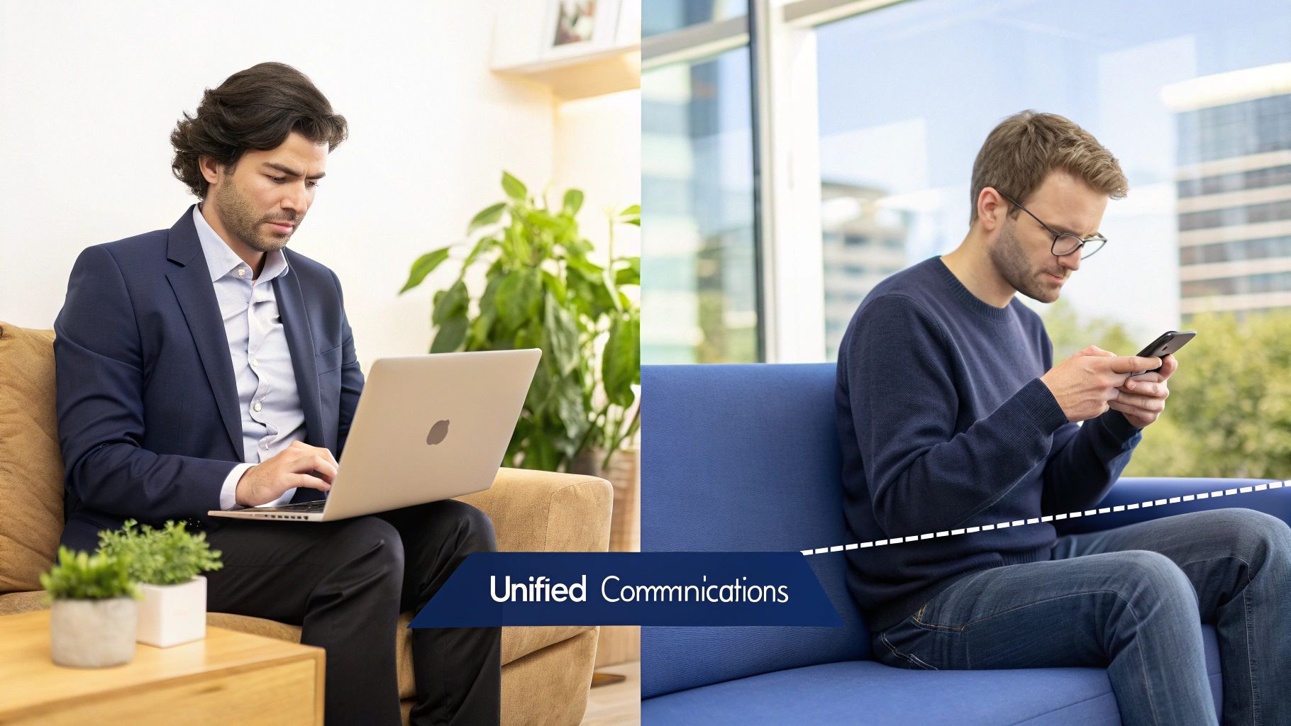 Two men using a laptop and a smartphone, symbolizing unified communications across devices.