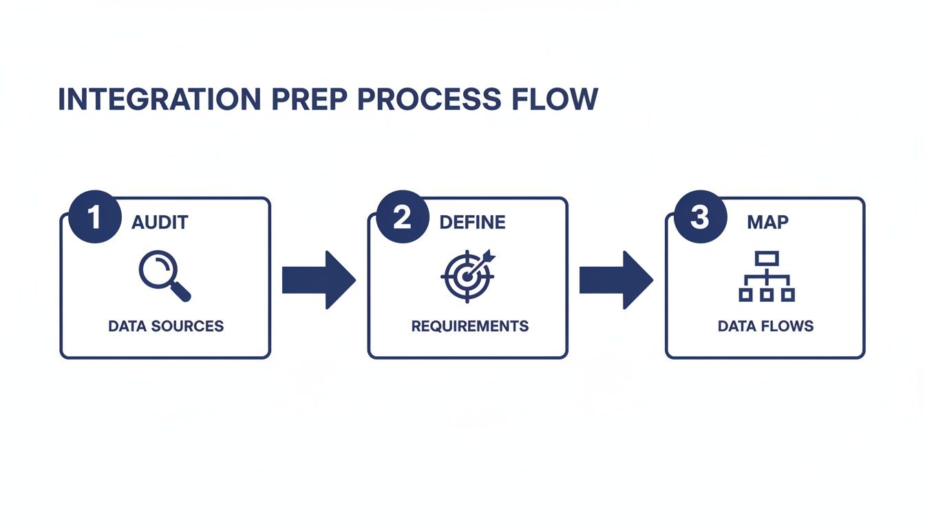 A three-step integration prep process flow diagram showing audit, define, and map stages.