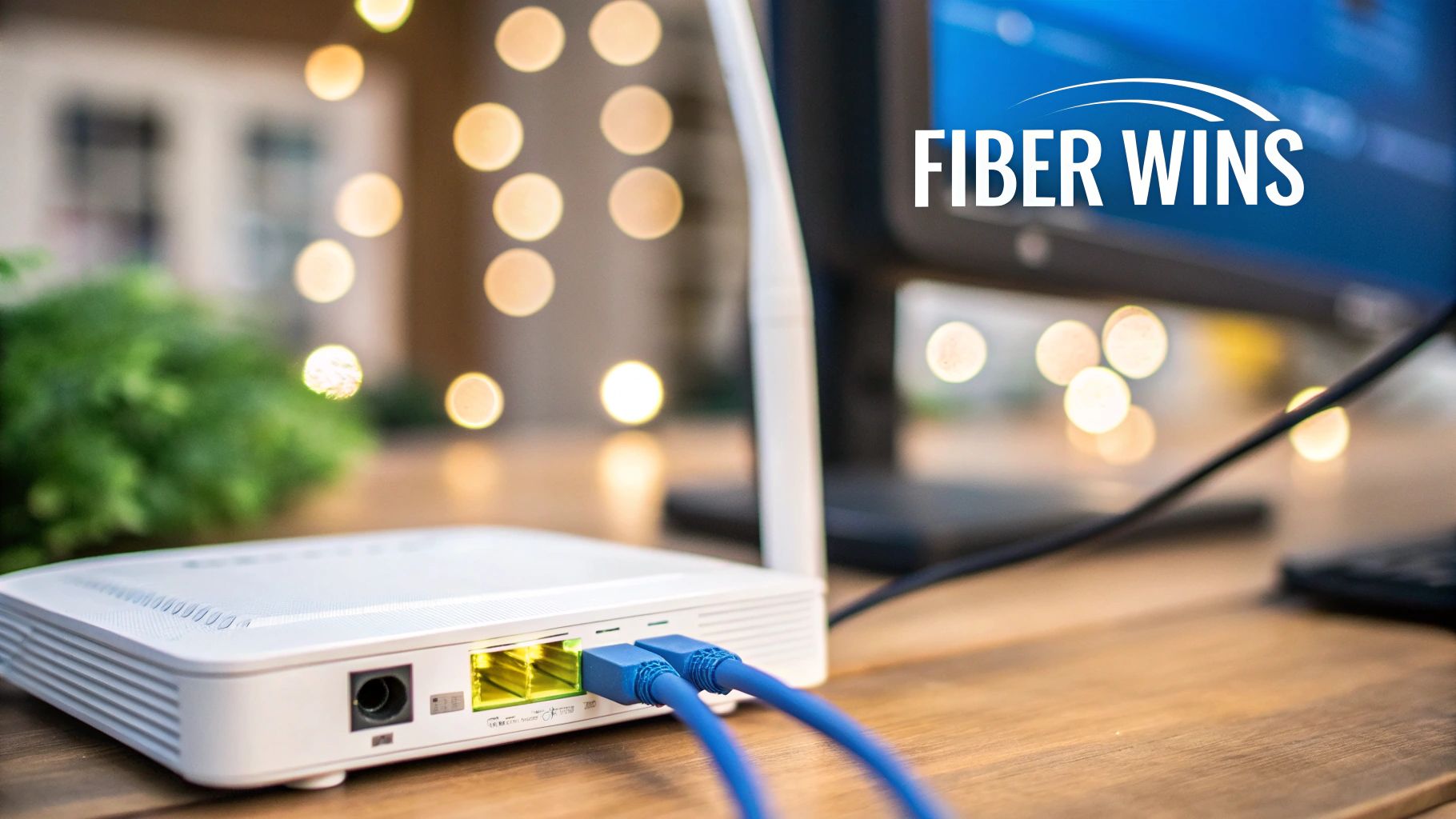A white Wi-Fi router with blue ethernet cables on a desk, with 'FIBER WINS' on a monitor.