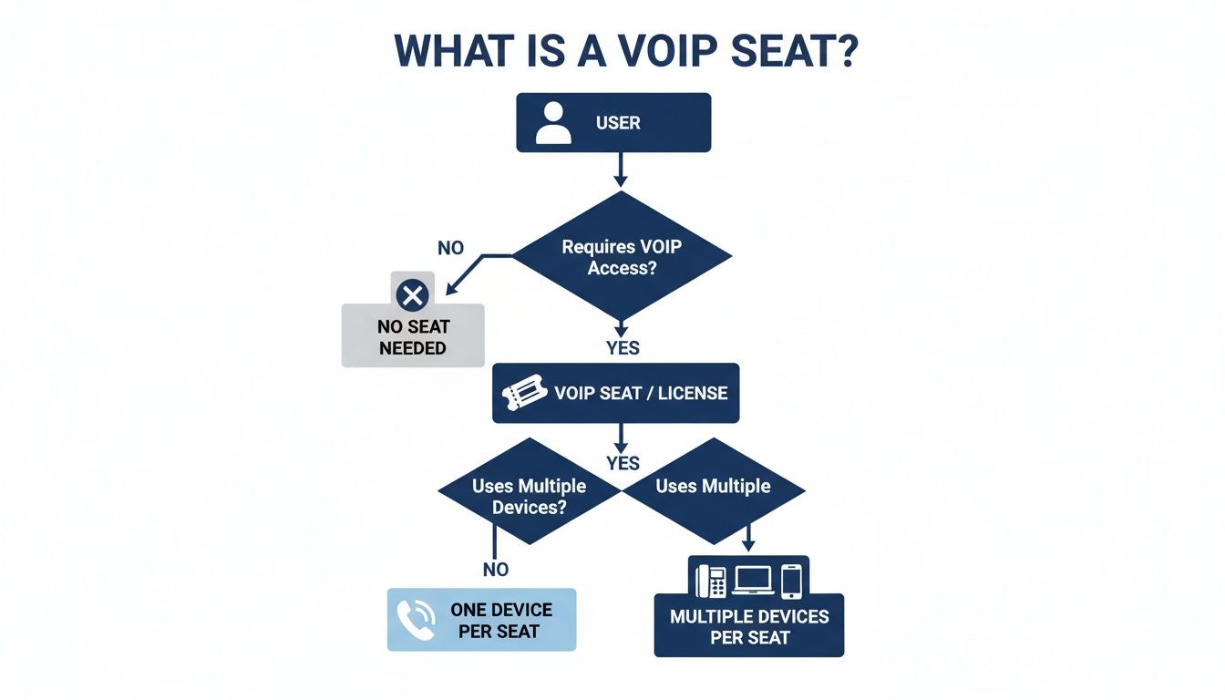 Flowchart illustrating the decision process for a VoIP seat, license, and device usage.
