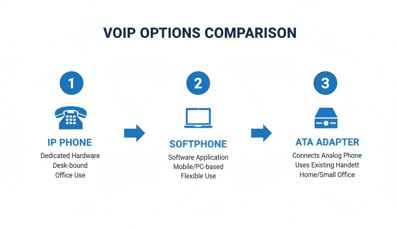 Comparison of VoIP options including IP phone, softphone, and ATA adapter with their features.