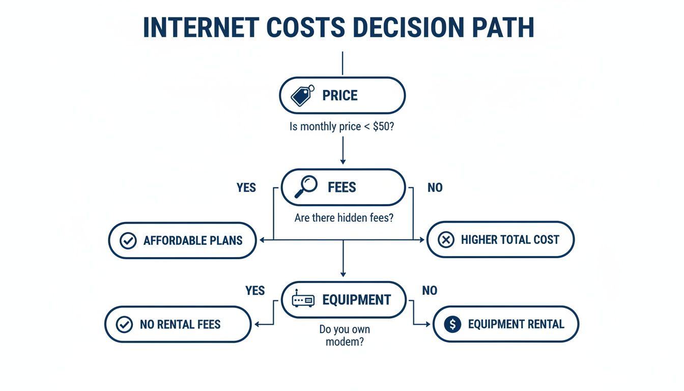 Flowchart showing an internet costs decision path, considering price, fees, and equipment.
