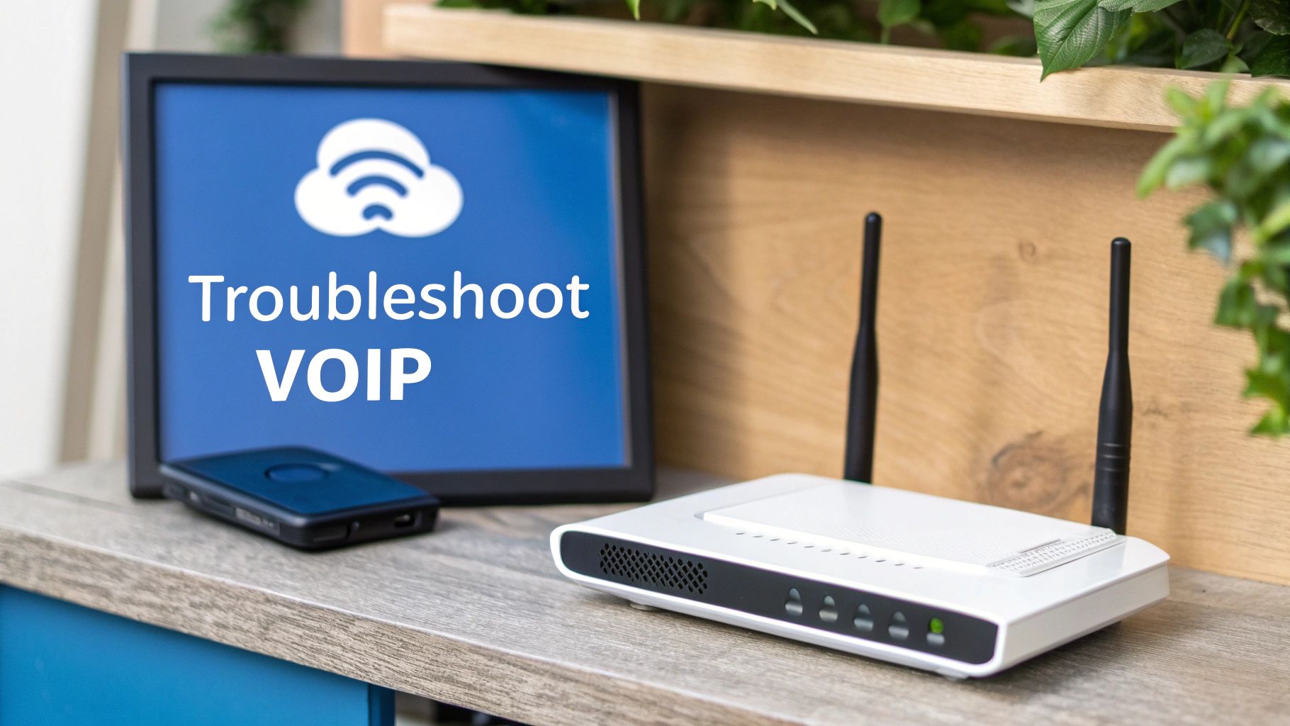 A white internet router, a black mobile device, and a screen showing 'Troubleshoot VOIP' with a cloud icon.
