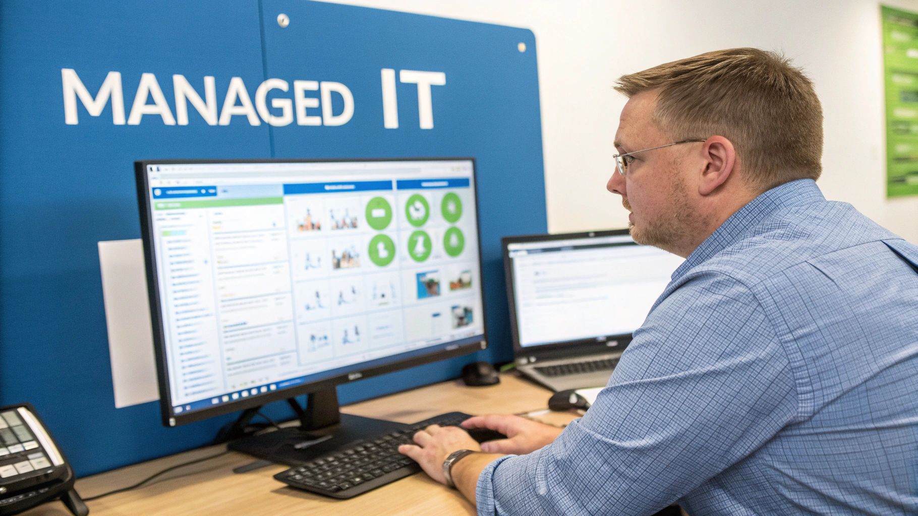 A man in glasses typing on a keyboard, looking at a computer screen displaying a dashboard for managed IT services.