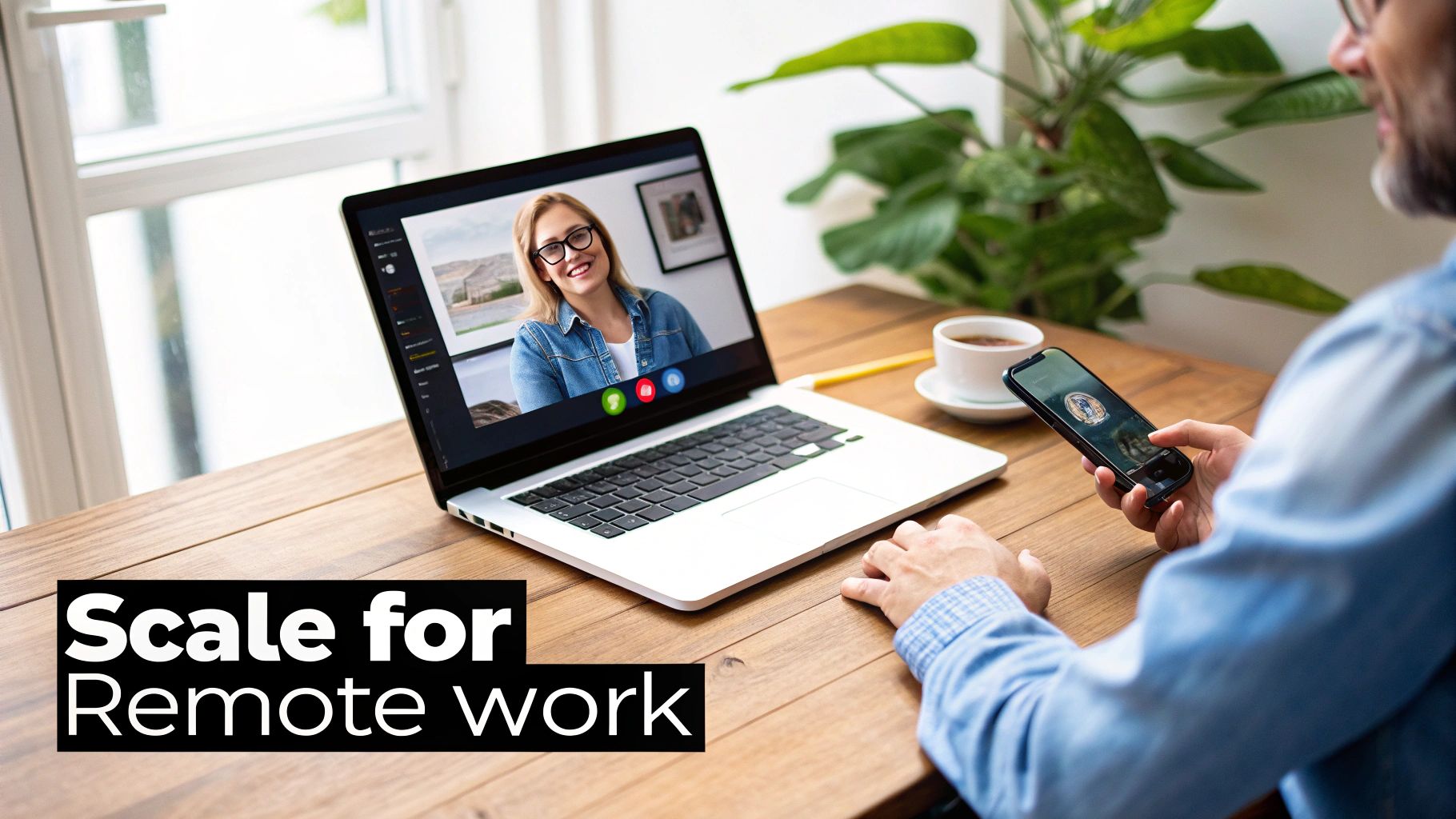 Man on video call with woman on laptop, holding a smartphone, working remotely.