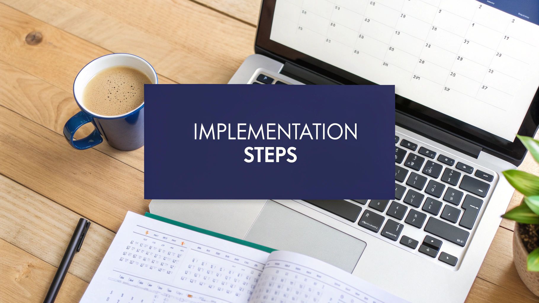 Overhead view of a workspace with a laptop, coffee, planner, and a banner reading 'IMPLEMENTATION STEPS'.