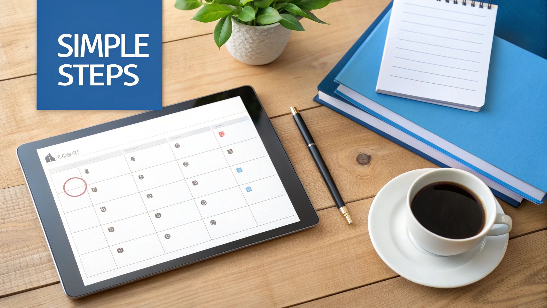 Flat lay of a wooden desk with a tablet showing a calendar, coffee, plant, notebooks, and 'SIMPLE STEPS' sign.
