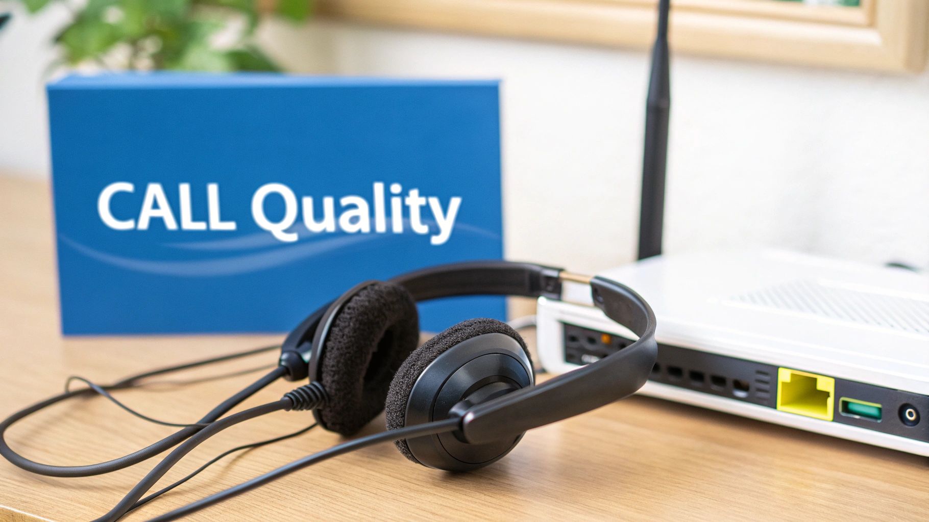 Black headphones, a router, and a blue 'CALL Quality' box on a wooden desk.