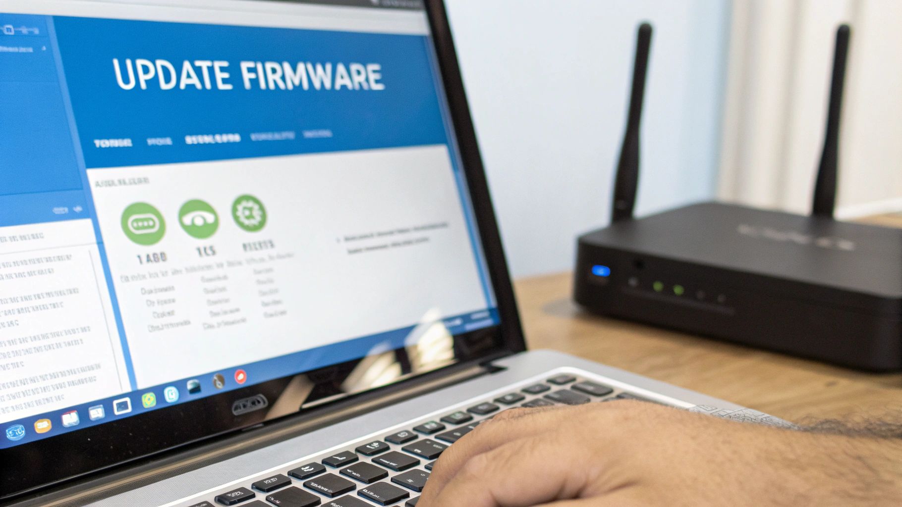 A person updates Wi-Fi router firmware on a laptop, displaying 'UPDATE FIRMWARE' on the screen.