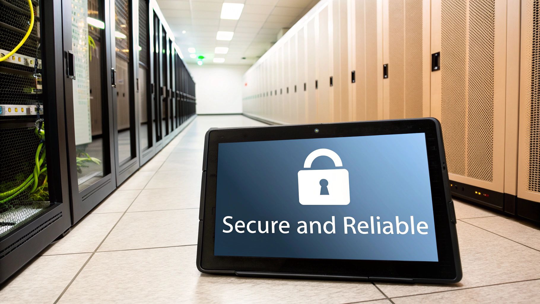 A tablet showing 'Secure and Reliable' with a padlock in a long data center aisle.