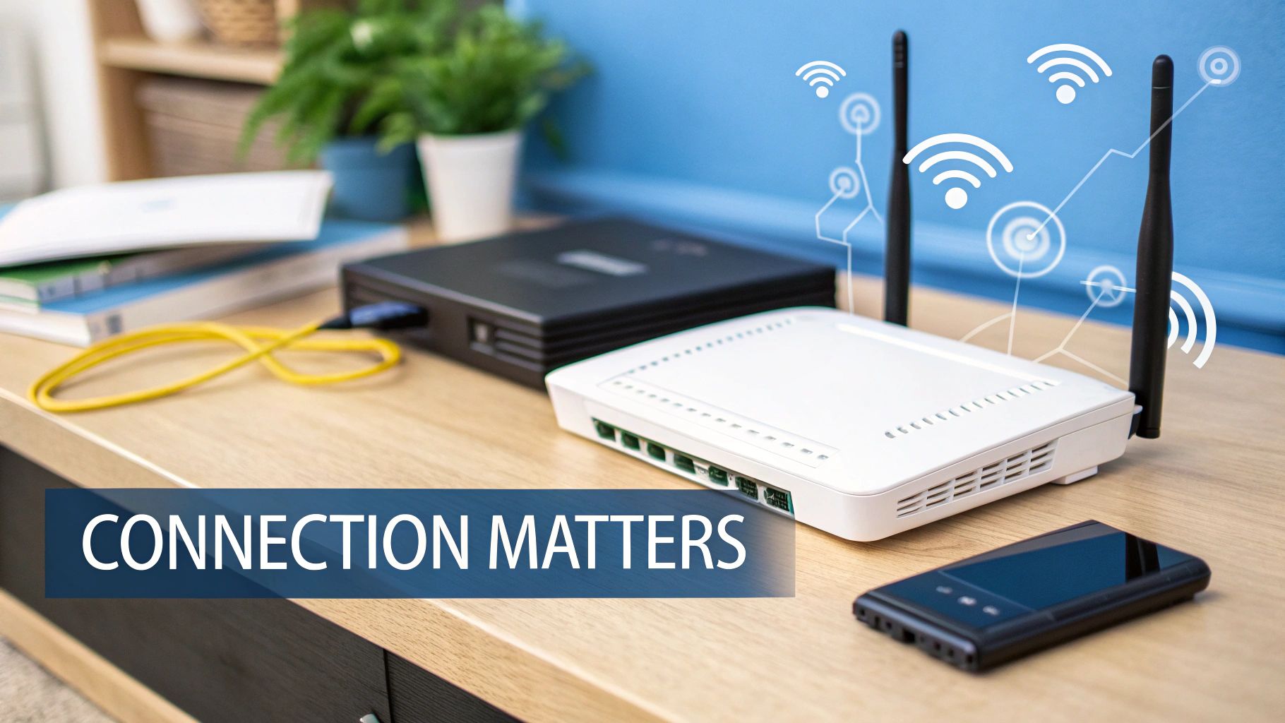 A white Wi-Fi router with antennas, a black modem, and a mobile device on a wooden desk, emphasizing internet connection.