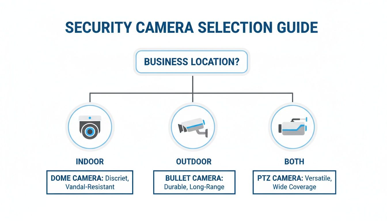 Flowchart guide for selecting security cameras based on business location: indoor, outdoor, or both.