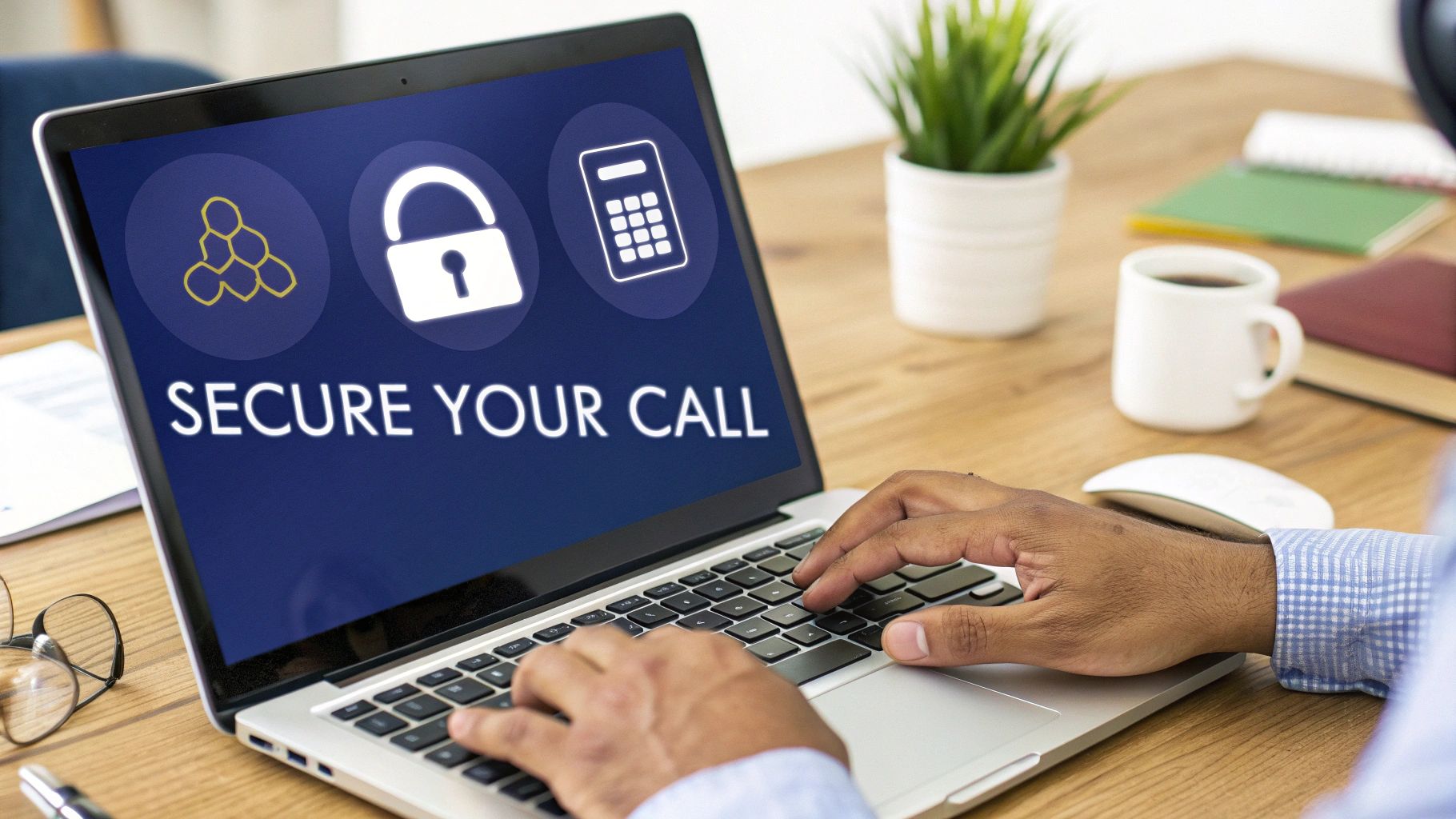 Person typing on a laptop with screen displaying 'SECURE YOUR CALL' and security icons.