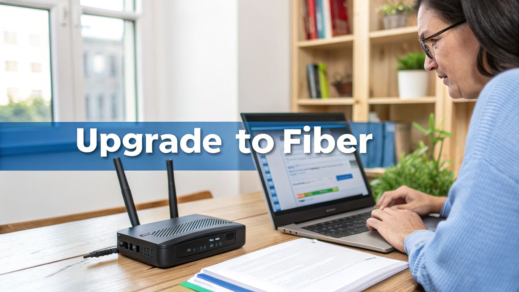 Woman at desk using laptop next to a router, with "Upgrade to Fiber" text.